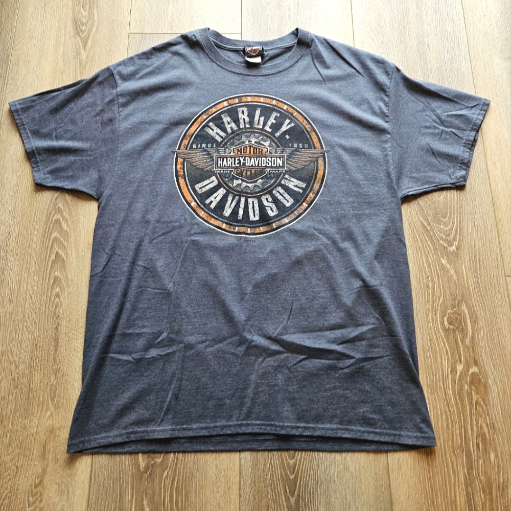 Harley-Davidson Motorcycles Charcoal Gray Orange Graphic Short Sleeve Tee Shirt